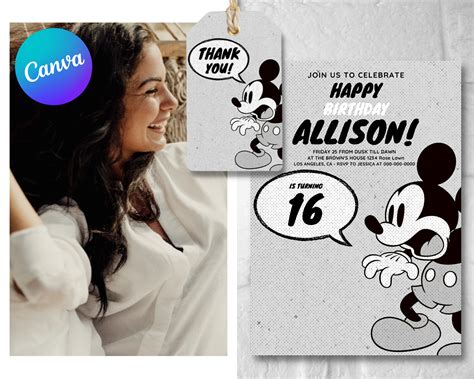 Birthday Invitation Mickey Mouse Party Invitation Printable Invitation Template Thank You Tag