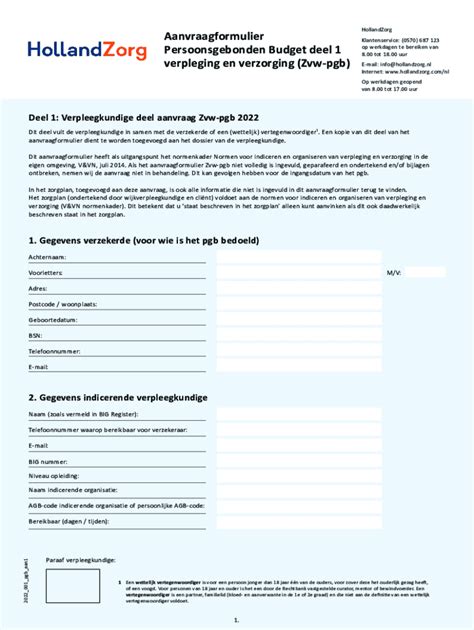 Fillable Online Aanvraagformulier Persoonsgebonden Budget Verpleging En