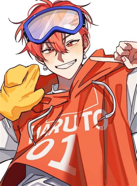 A Man With Red Hair And Goggles On His Head Is Holding Onto An Orange Jacket