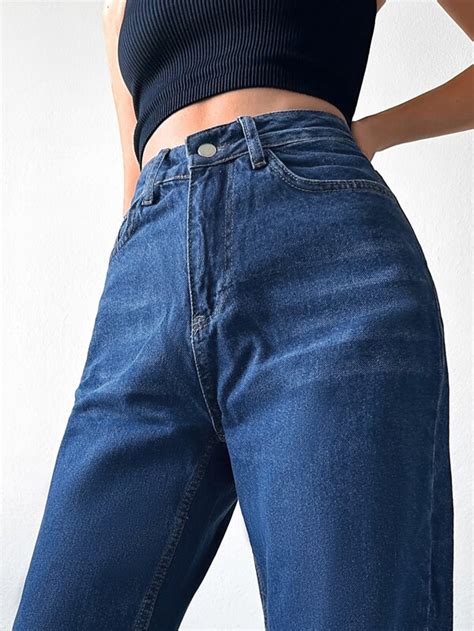 Shein Petite Damskie Jeansy Guziki Kiesze Zamek B Yskawiczny Prosty