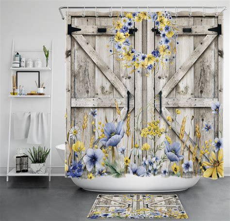 Elevate Your Bathroom With A Rustic Blue Barn Door Shower Curtain Set