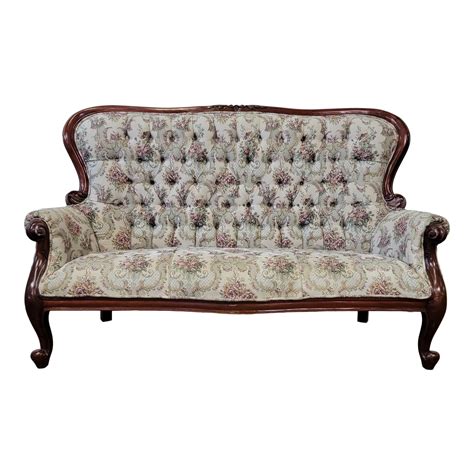 1940s Victorian Carved Wood Floral Tufted Loveseat | Chairish