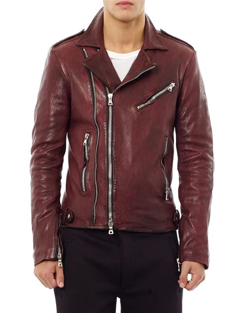 Balmain Distressed Leather Biker Jacket In Burgundy Red Lyst