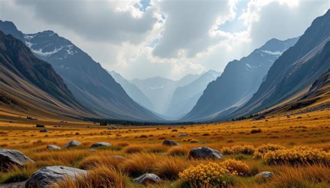 a hidden mountain valley filled with golden grasses and surrounded by
