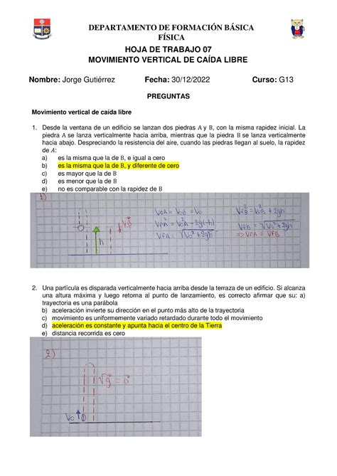 Hoja de Trabajo 07 Movimiento Vertical de Caida Libre GR13 FÍSICA