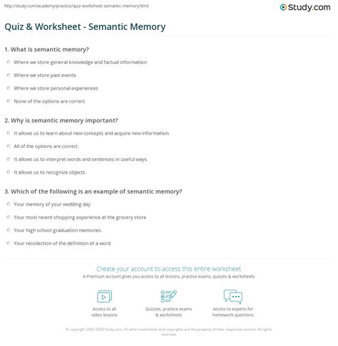 Quiz & Worksheet - Semantic Memory | Study.com