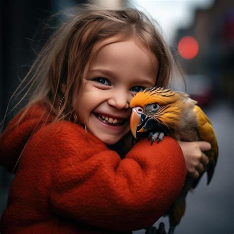 Premium Ai Image Little Smiling Girl Holding A Parrot