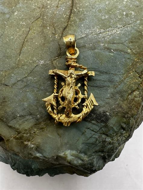 14k Yellow Gold Crucifix And Anchor Pendant 1 3844 Etsy