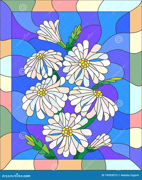 Abstract Stained Glass Image With A Bouquet Of Daisies In A Bright Frame Stock Vector