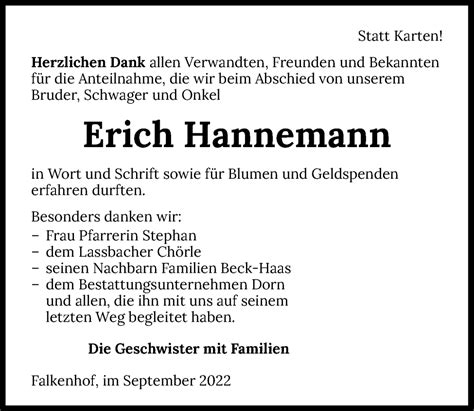 Traueranzeigen Von Erich Hannemann Trauerundgedenken De