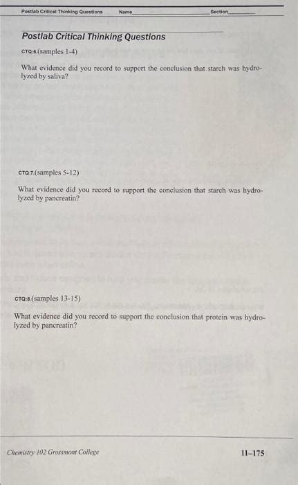 Solved Postlab Critical Thinking Questions Name Section Chegg