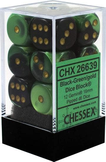 Chessex Gemini Black Green Gold Set Of 12 D6 Dice Frontline Gaming