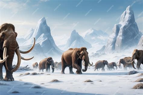 Woolly Mammoth Herd In Frozen Cold Landscape Wide Banner Extinct
