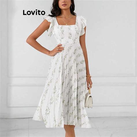 Lovito Vestido Elegante Ditsy Floral Plissado Babados Para Mulheres