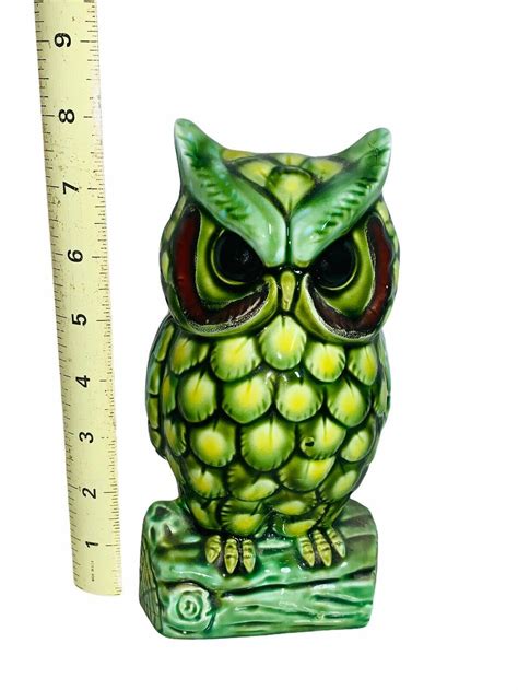 Mcm Ceramic Owl On A Log Green Glazed Statue Figure Etsy