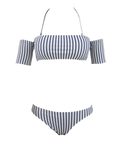 Women Sexy White Off Shoulder Striped Top Bottom Bikini Sets Bathing Suits Swimsuit White