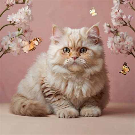 A Cat With Butterflies On Its Face And A Pink Background With