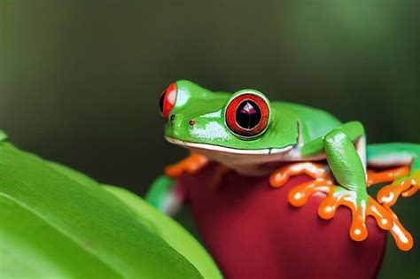 La Peque A Rana Arb Rea De Ojos Rojos Se Sienta En Una Hoja Roja Foto