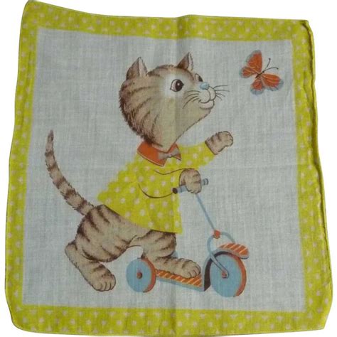 Vintage Childrens Hankie Handkerchief Cat On A Scoot Gem