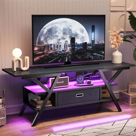 Bestier In Black Carbon Fiber Led Tv Stand With Drawer And Power