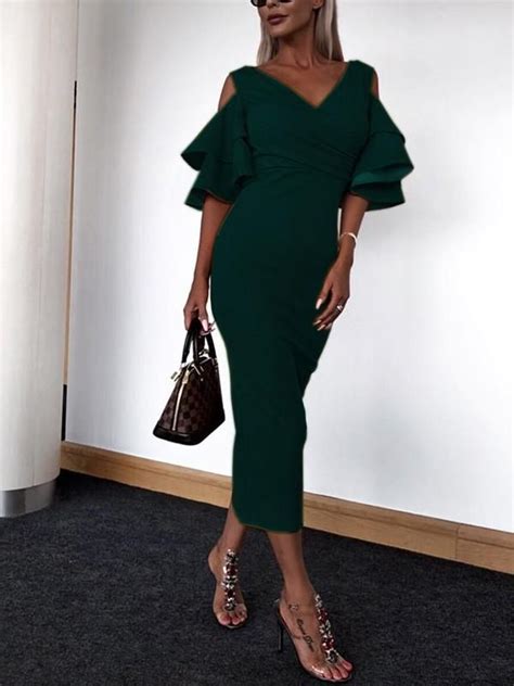 New Dark Green Ruffle Elbow Sleeve V Neck Going Out Party Maxi Dress