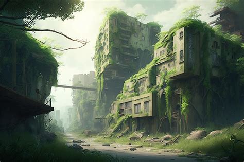 Premium Photo An Illustration Of A Postapocalyptic City Overgrown