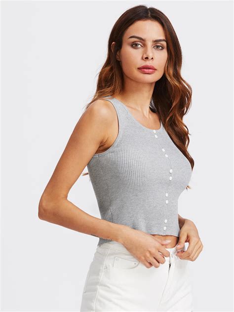 Button Front Rib Knit From Fitting Tank Top SheIn Sheinside