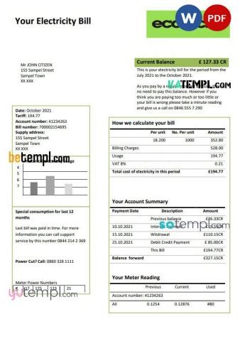 United Kingdom Ecotricity Electricity Utility Bill Template In Word And