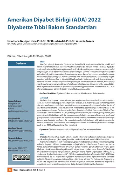 PDF Amerikan Diyabet Birliği ADA 2022 Diyabette Tıbbi Bakım