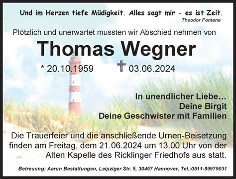 Traueranzeigen Von Thomas Wegner Trauer Anzeigen De