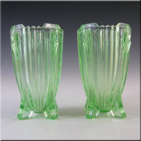 Bagley 3057 Pair Of 575 Art Deco Uranium Green Glass Bedford Vases Art Deco Glass Green