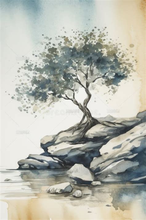 Lonely Olive Tree On Rocky Beach A Minimalistic Watercolor Painting