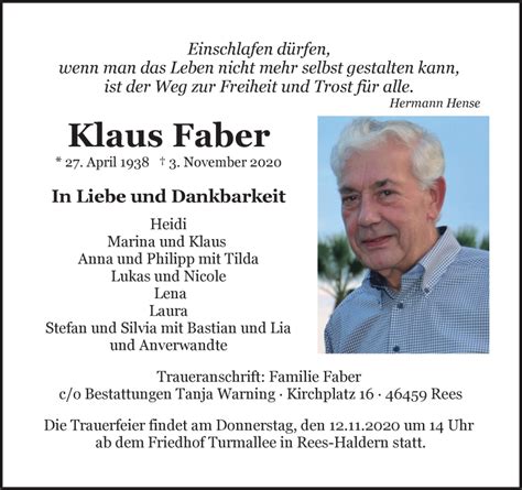 Traueranzeigen Von Klaus Faber Trauer In Nrw De