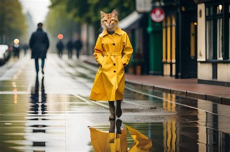 Um gato uma capa de chuva amarela está andando por uma calçada