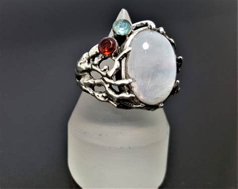 Sterling Silver Natural Moonstone Ring Genuine Garnet Blue Topaz