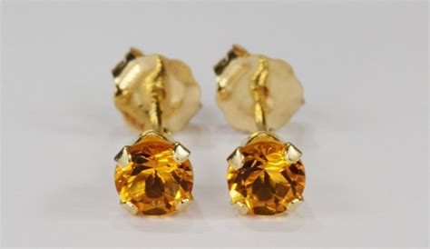 Citrine Earrings~amber~14 Kt Yellow Gold Setting~4mm Round~genuine Natural Mined