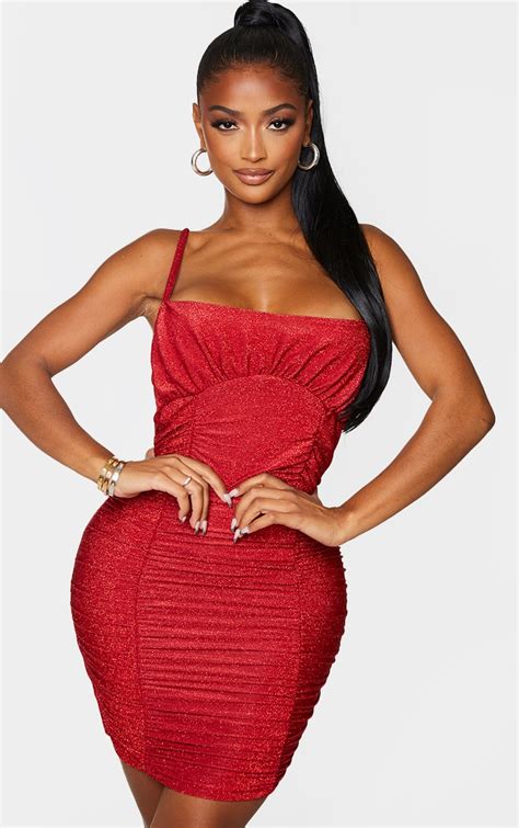 Shape Red Glitter Extreme Ruched Bodycon Dress Prettylittlething Ie