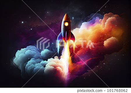 Rocket Spaceship Blasting Off Into Outer Space Stock Illustration