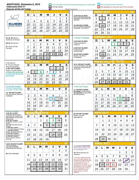 2016 - 2017 Calendario Escolar | Hillsboro School District – Hillsboro, OR