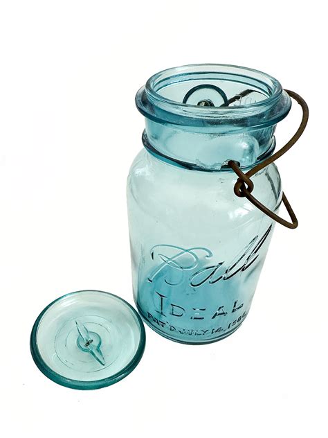 Vintage Ball Ideal Canning Jar 7 Patent 1908 Aqua Glass With Glass Lid And Metal Bail Wire Side