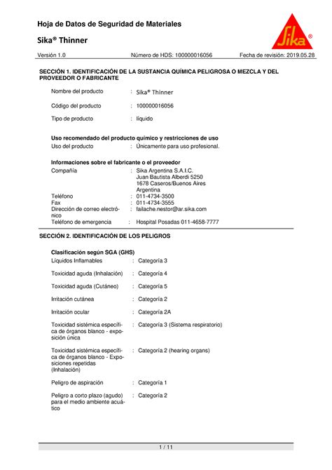 Hoja De Seguridad Sika Thinner Sika Thinner Versi N N Mero De Hds