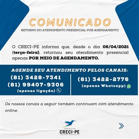 Comunicado Retorno Do Atendimento Presencial Por Agendamento Creci Pe