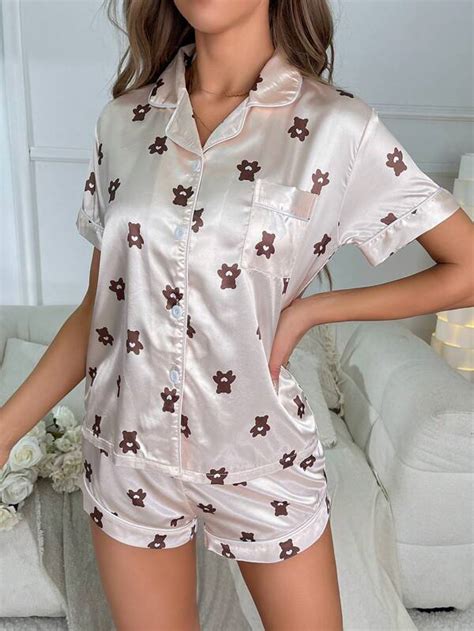 Floral Print Contrast Piping Satin Pj Set Shein Usa