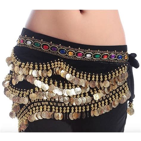 Womens Belly Dance Hip Scarf Multi Row Silver Coin Dance Skirt With Rhinestones 310 Gold Coins