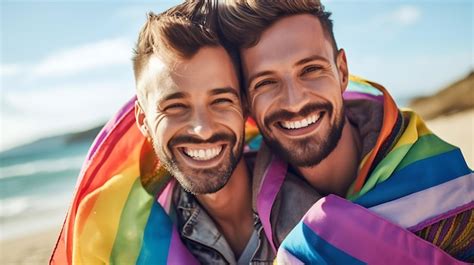 Pareja Lgbt Sonriente Abraz Ndose Y Sosteniendo Una Bandera Creado Con