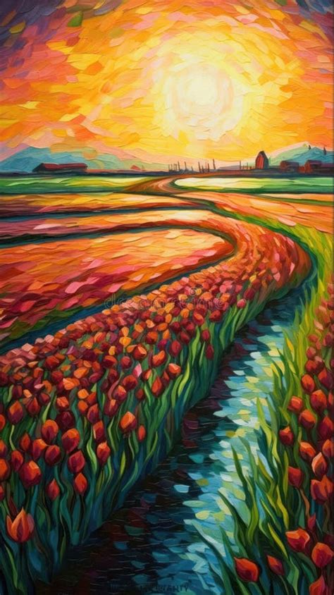 Serene Joyful Sunrise Over Vibrant Tulip Fields An Oil Painting In