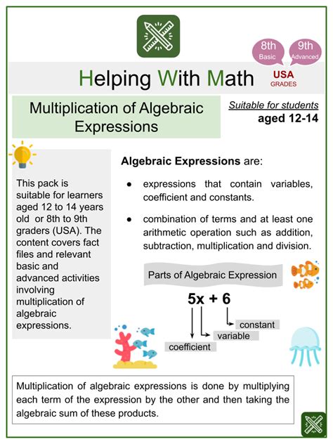 Multiplication Of Algebraic Expressions Math Worksheets