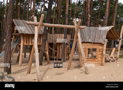 Natural Wooden Playground For Children In The Forest Stock Photo Alamy