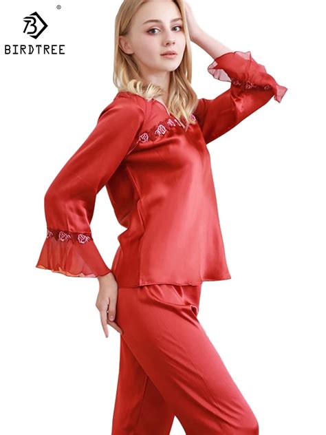 Birdtree 100 Real Silk Pajamas Set Women S V Neck Long Sleeve Elegant