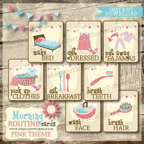 Morning Routine Cards 18 Printable Pink Cards Etsy Routine Cards